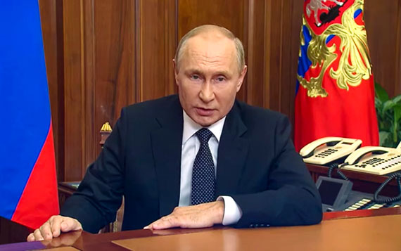 블라디미르 푸틴 러시아 대통령이 21일(현지시간) 모스크바에서 대국민 연설을 통해 부분 동원령을 발표하고 있다.