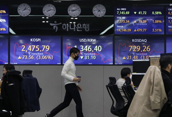코스피가 전 거래일(2402.23)보다 64.67포인트(2.69%) 오른 2466.90에 장을 연 11일 서울 중구 하나은행 딜링룸에서 딜러들이 업무를 보고 있다.