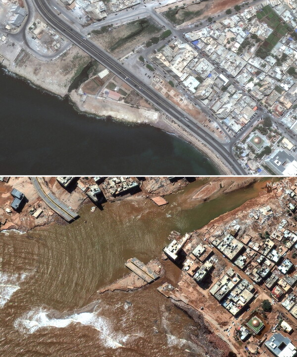 막사 테크놀로지스가 제공한 두 장의 위성 사진에 지난 7월 1일 리비아 데르나 해안 도로(사진 위)와 홍수 피해가 발생한 9월 13일의 모습이 보인다. 지난 10일(현지시각) 리비아 동부를 강타한 폭풍으로 데르나의 댐 2개가 무너지며 도시 전체가 물에 휩쓸렸고 지금까지 5,300명이 숨진 것으로 나타났다. 압둘메남 알 가이티 데르나 시장은 사망자 숫자가 2만  명에 달할 수도 있다고 13일 밝혔다.