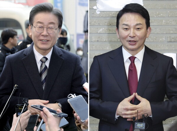 사진은 지난 1월 31일 이재명 대표(왼쪽사진), 2월 14일 원희룡 전 장관이 각각 당사에서 열린 후보자 면접장에서 취재진 질문에 답변하는 모습.