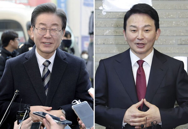 사진은 지난 1월 31일 이재명 대표(왼쪽사진), 2월 14일 원희룡 전 장관이 각각 당사에서 열린 후보자 면접장에서 취재진 질문에 답변하는 모습.